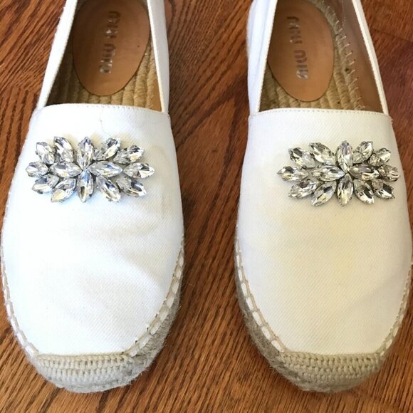 MIU MIU Espadrille Embellished Flats Shoes Womens 38 8 White Canvas Crystals - Picture 2 of 12